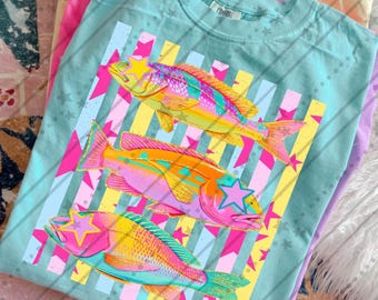 Colorful Fish Comfort Colors Tee, Retro Preppy Fishing Graphic T Shirt, Bright Pastel Cotton T-shirt, Fun Outdoorsy Nature Top, Summer Tee