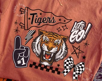 Tigers Mascot Comfort Colors T Shirt, Distressed Tiger Graphic Game Day Tee, Retro Checkered Bow School Spirit Shirt, Tailgate Top