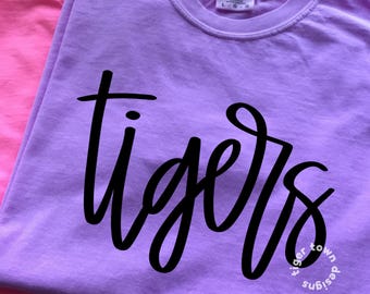 Script Tigers Comfort Colors Tee, Soft Cotton School Spirit Shirt, Bold Cursive Mascot Top, Youth and Adult Tee, Game Day Fan Apparel