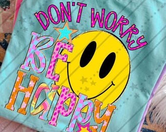 Don't Worry Be Happy Shirt, Retro Smiley Face Graphic Tee, Trendy Comfort Colors T Shirt, Groovy Positive Vibes Top, Boho Women's Crewneck