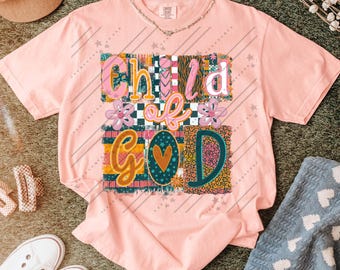 Faith based Comfort Colors Tee, Retro Boho Christian Graphic T Shirt, Colorful Child of God T-shirt, Religious Jesus Lover Top