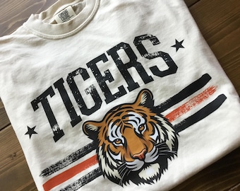 Distressed Tigers Graphic T-Shirt, Comfort Colors Graphic Print Shirt, Tiger Fan Gift, Game Day Tee, Teacher Gift, Sport mom top