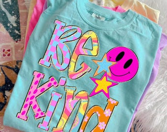 Positive Vibe Women's and Youth Shirt, Be Kind Smiley Face Graphic Tee, Retro Colorful Comfort Colors T Shirt, Trendy Smiley Youth Top