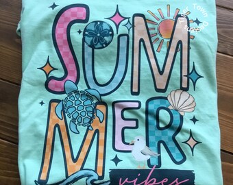 Summer Vibes Graphic Tee, Beach Turtle Ocean Print T Shirt, Comfort Colors Tshirt, Cute Coastal Top, Vacation Shirt, Fun Gift For Her