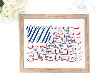 Printable Art: Patriotic Hand-Lettered Flag Print | Summer Decor | American | 4th of July | Independence Day