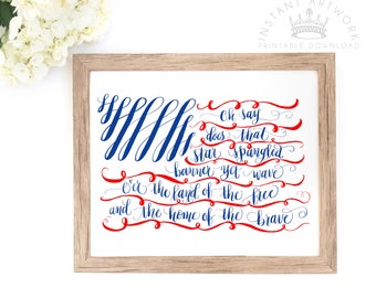 Printable Art: Patriotic Hand-Lettered Flag Print | Summer Decor | American | 4th of July | Independence Day