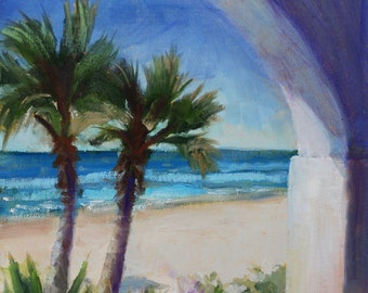 Rocky Point Mexico Painting Puerto Penasco, Mexican Fan Palm Trees, Plein Air, Original Small Oil Painting on Canvas Art Sue Whitney, 9x12