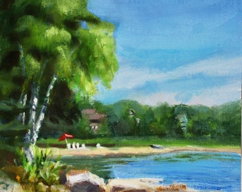 Door County Wisconsin, Lake Michigan Landscape, Whitefish Bay Glidden Lodge Resort, Original Small Oil Painting by Sue Whitney, 9x12