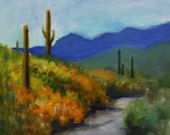 Phoenix Arizona Poppies, Saguaro Cactus Landscape Trail, Superstition Mountains, Plein Air, Original Small Oil Painting Whitney, 9x12