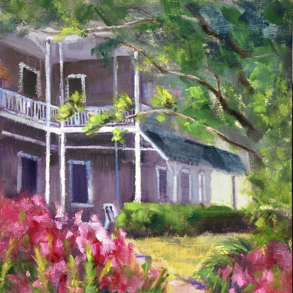 Williams House of Amelia Island Florida, Fernandino Beach, Elegant Coastal Home Azaleas Blooming Original Oil Painting  Canvas Whitney 9x12"