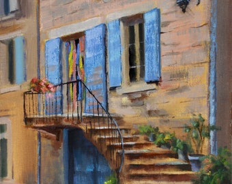 Provence Landscape, French Village Cereste, Stone House near Auberge de Carluc Restaurant, Original Oil Painting by Sue Whitney 11 x 14"