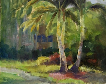Palm Trees Swaying in the Breeze, Miami Florida Landscape, Sunny Day Miami Beach Original Small Oil Painting by Sue Whitney, 8x10"
