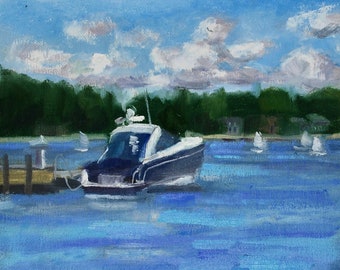 Door County Wisconsin, Sturgeon Bay Yacht Club Sailboat Races on the Canal, Original Oil Painting on Linen Whitney 8 x 10"