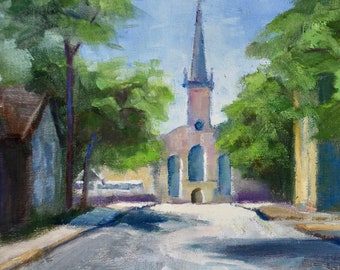 Cedarburg Church Painting in Wisconsin,  St. Francis Borgia on Washington Street,  Summer, Plein Air ,Original Oil, Canvas, Su Whitney 9x12"