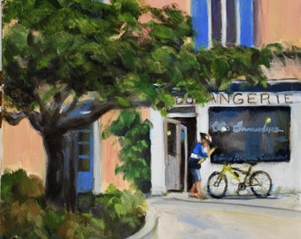 Store Front Painting, Provence, Boulangerie, Bakery, French Hill Town, Art on Canvas, Blue Shutters, Original Oil, France, Su Whitney 11x14"