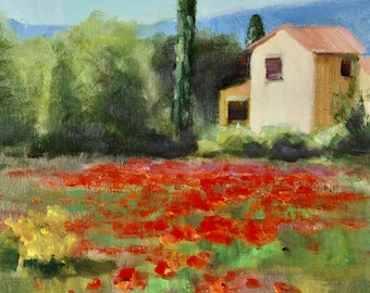 Poppy Fields Painting Springtime in France with Villa in Provence, French Luberon, Plein Air, Original Oil Canvas Painting Su Whitney, 10x12