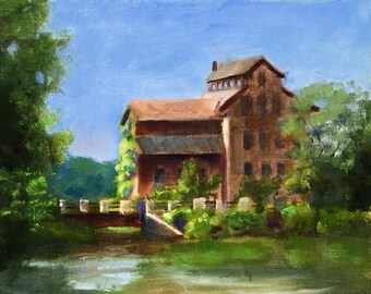 Cedarburg Mill Painting, Cedar Creek in Wisconsin, Original Oil, Historic Building, Midwest River Plein Air Landscape, 11 x 14, Sue Whitney