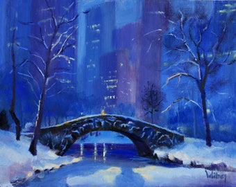 Winter Landscape Painting, New York Landscape, Night, Central Park, Bridge, Original Oil, Oil  Painting, 9 x 12, Oil on Canvas,  Sue Whitney