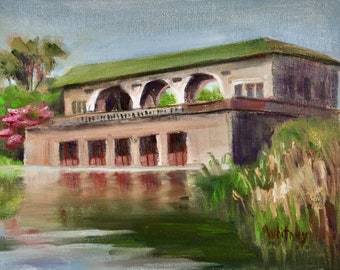 Boathouse Humboldt Park Chicago Northshore, Spring Landscape Chicago Parks, Redbud Tree, Lake, Original Oil Painting by Sue Whitney 9x12"