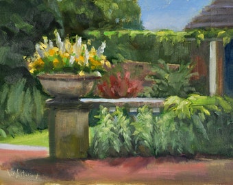 English Walled Garden Painting, Chicago Botanic, Flower Urn, Marigolds, Garden Sculpture, Original Oil , Oil Painting by Sue Whitney, 9x12"