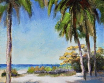 Florida Beach Landscape, Tarpon Sprigs, Howard Beach, Palm Trees, Plein Air, Original Small Oil Painting Whitney, 9x12