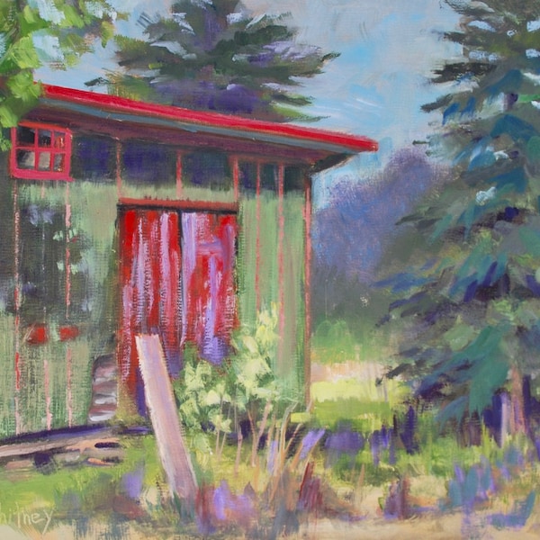 Old Shed Painting, Baileys Harbor, Hickey’s Fishery, Door County Wisconsin, Pine Trees Landscape, Original Oil Painting Sue Whitney 11 x 14"