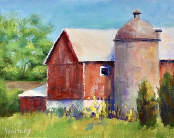 Red Barn in Wisconsin, Midwest Landscape,  oil painting,  Landscape, Plein Air, Original Oil, Oil on Canvas, Cedarburg,  Sue Whitney 9x12"