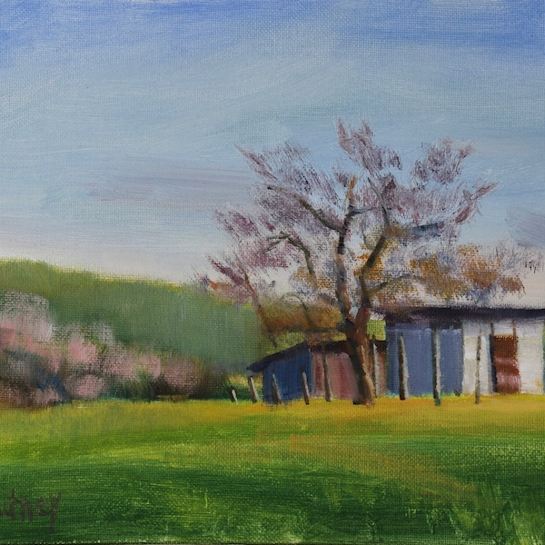 Old Shed painting, Spring Landscape, Original, Small, Oil Painting, Chicken Coop, Green, Oil on Canvas, Midwest Painting, S Whitney, 8 x 10"