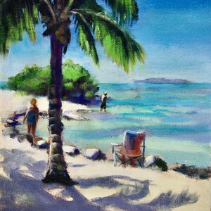 Pintura de playa, palmeras, océano, gente caminando, pintura original, agua turquesa, Cayos de Florida, silla, maratón, lienzo 8x10 S Whitney
