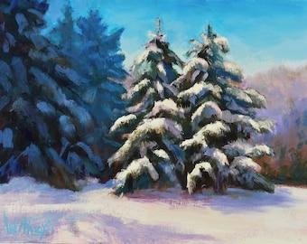 Snow Landscape, Winter Evergreens, Sunny Winter Painting, Original Oil, Oil Painting, Midwest Landscape, Snowy, on Canvas, Sue Whitney, 9x12
