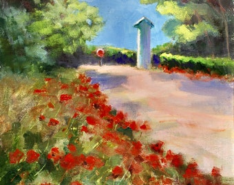 Poppies Along Roadside Painting in French Village, Springtime in France , Luberon, Plein Air, Original Oil Canvas Painting Su Whitney, 10x12