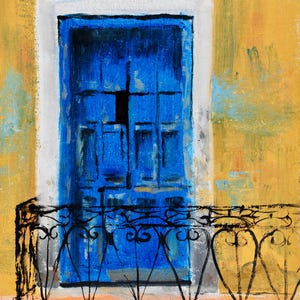 May include: A painting of a blue door with a wrought iron balcony railing. The door is painted in a bright blue color and has a simple design. The balcony railing is black and has a decorative design. The background is a yellow wall with some blue and white paint strokes.