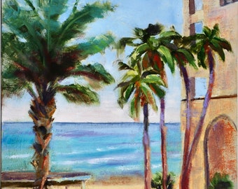 Ocean View Beach Resort Landscape, Gift, Palm Trees, Cabos Painting, Mexico, Resort, Original Oil Painting, Cabana Beach Scene 9x12, Whitney
