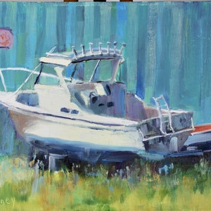 Boat Painting in Tarpon Springs Florida, DryDock Boat used for Crab Fishing near Cox&#39;s Fish Market, Original Oil Painting Sue Whitney 9x12
