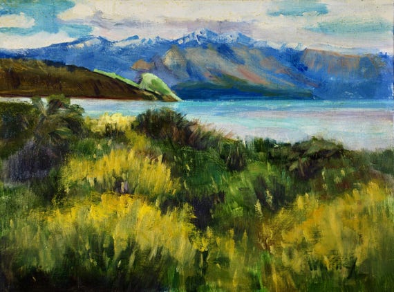 New Zealand Landscape Lake Tekapo South Island, Lupines, Mount Cook, Mountains, Wildflowers,  Original Small Oil Painting Sue Whitney 9x12"