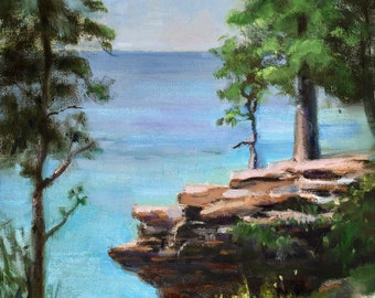 Cave Point Painting, Cliff Landscape, Door County, Lake Michigan, Wisconsin, Midwest, Rocky Shoreline, Original Oil Art, Sue Whitney, 9x12
