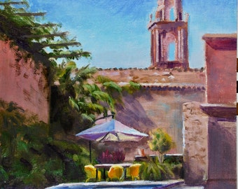 Poolside Painting, Hacienda Hotel with Mission Steeple in San Miguel De Allende, Mexico, Original Oil, Oil Painting, Canvas, Whitney, 10x12