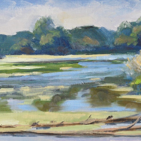 River Oil Painting, Water Landscape, Illinois Oil Painting, Plein Air Oil, Original Small Oil Painting by Sue Whitney, Oil on Linen on Board