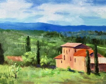 Villa in French Landscape, Provence, Luberon Hills, oil painting, original art, oil on canvas, Country Scene in France by  Sue Whitney 9x12"