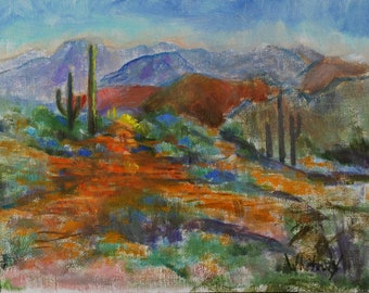 Phoenix Arizona Poppies, Saguaro Cactus Landscape, Superstition Mountains, Plein Air, Original Small Oil Painting Whitney, 9x12