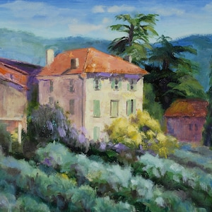 Provence Oil Painting Landscape, French Village Mountainside Home, La Maison, Saint Saturin, Original Oil on Linen Sue Whitney 11 x 14&quot;