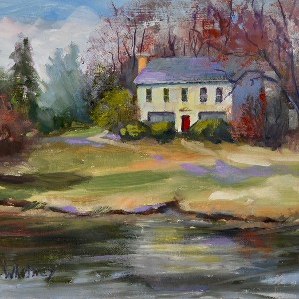 Country House Landscape, Oil Painting, Lake Painting, Water Landscape, Reflection, Original Painting, Small Painting, Plein Air  Sue Whitney