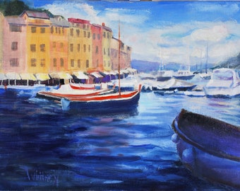 Harbor Painting, Italian Mediterranean, Boats, Sailboats, Italy, Portofino Harbor, Original Oil Painting on Canvas Art Sue Whitney, 9x12"