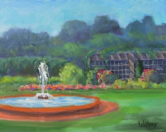 Garden Landscape Painting at Chicago Botanic, Water Fountain, Roses, Pergola, Canvas, Midwest Original Oil on Canvas Art, Sue Whitney, 9x12