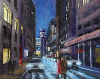 City Painting, night, reflections, New York City, streets, oil painting, urban scene, original, oil on canvas, 12 x 16, nocturne, S Whitney