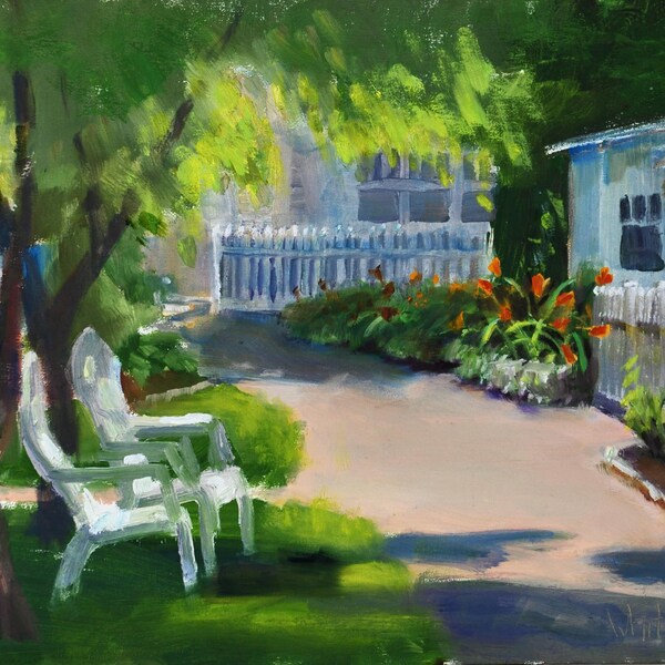 Door County Painting, Fish Creek, Wisconsin, Painting, Bayside, Alley, Flowers, Original Oil, Sunny Day, Oil Painting, Sue Whitney 9x12"