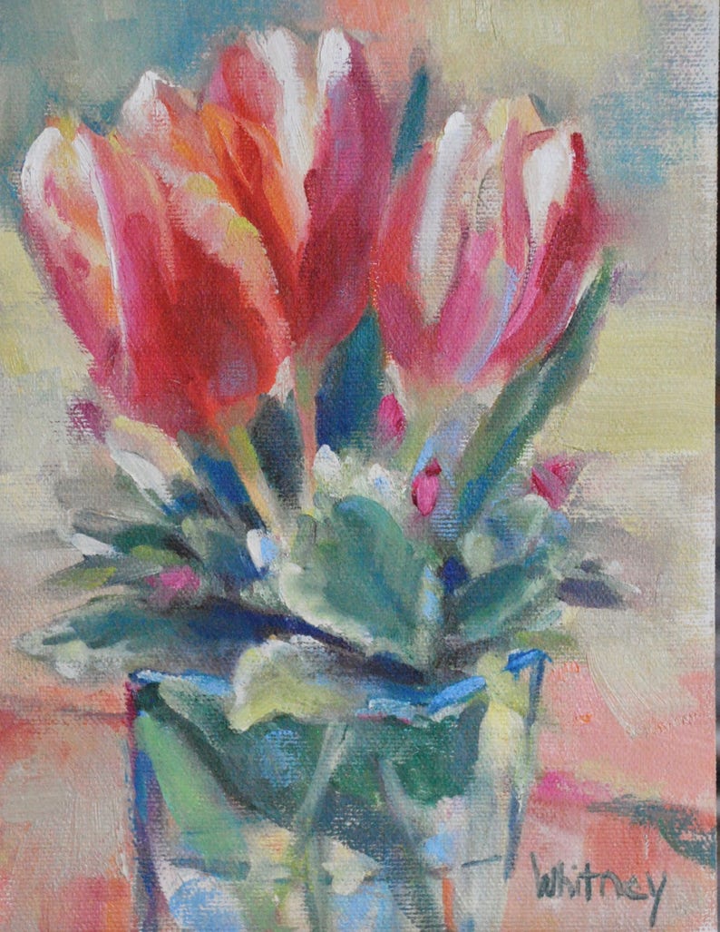 Vase of Flowers Still Life Bouquet Pink Original Oil Art S Whitney Flowers in Bouquet Tulips Mothers Gift Flower 6x8 Small Painting