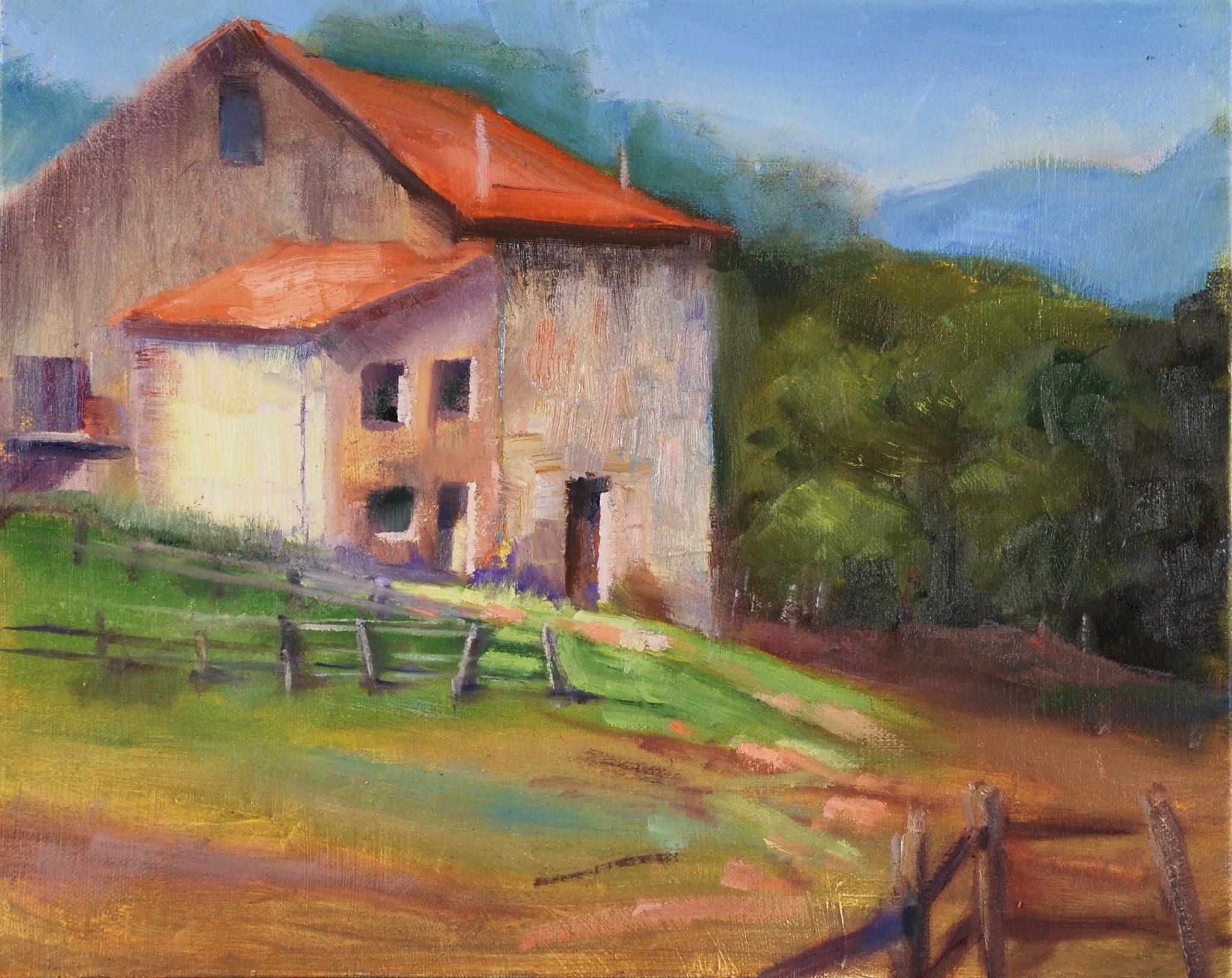 Northern Italy Painting, Lombardy Province, Mountainside Farm with Old Stone Barn, Original Small Oil Painting on Linen Sue Whitney 8 x 10"