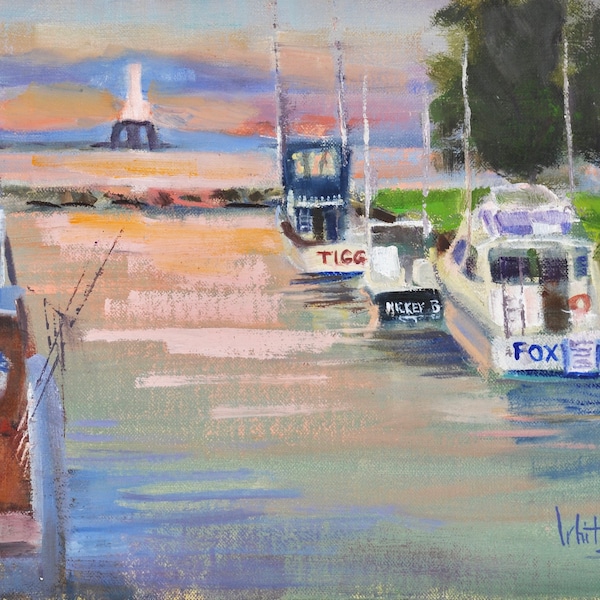 Port Washington Wisconsin Marina Lake Michigan, Foxy Lady Charters Boats, Breakwater Light, Sunset, Original Oil Painting Sue Whitney 9x12"