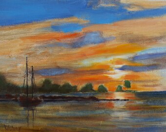 Door County Painting, Sunset at Marina, Egg Harbor Beach, Wisconsin, Green Bay Harbor, Plein Air, Original Small Oil Painting Whitney, 9x12